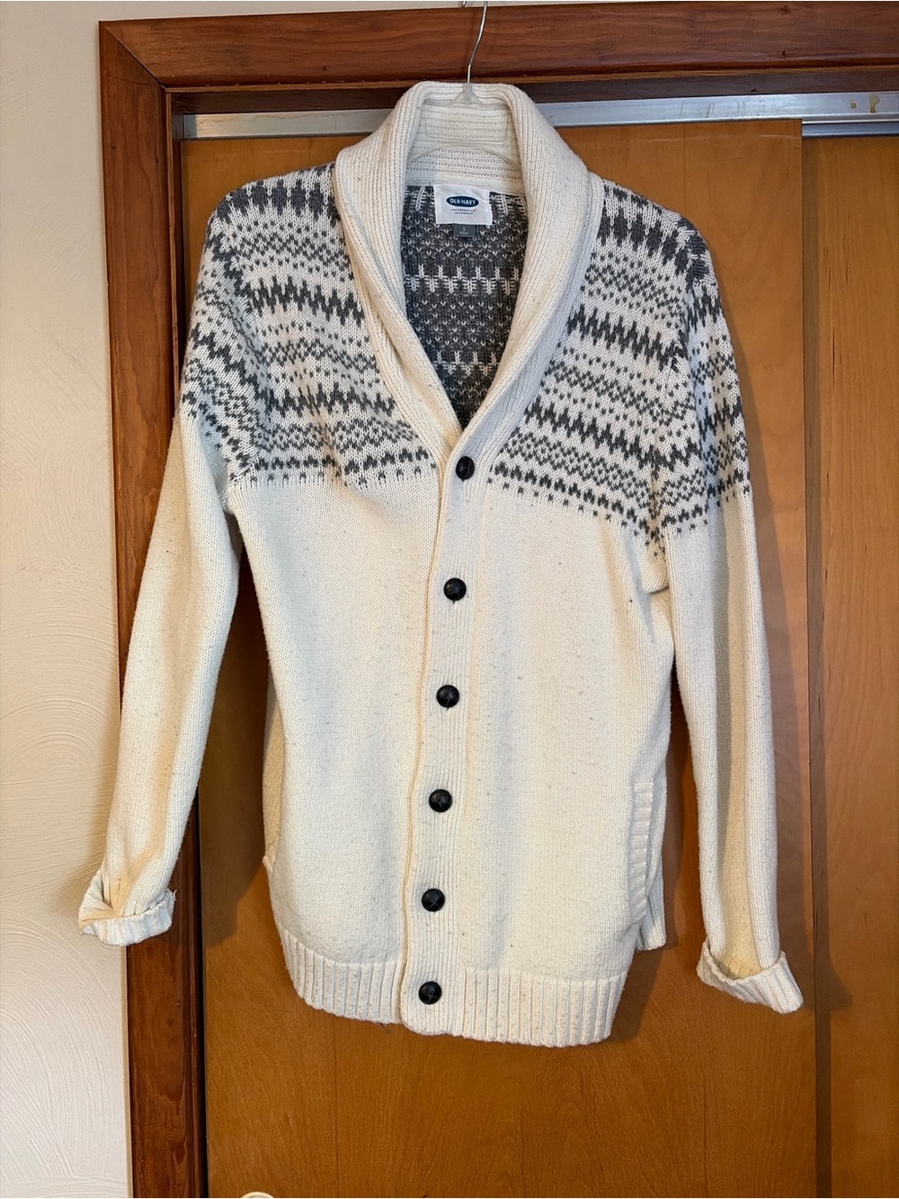 Old Navy Cream Shawl Collar Cardigan with Gray Fair Isle Yoke